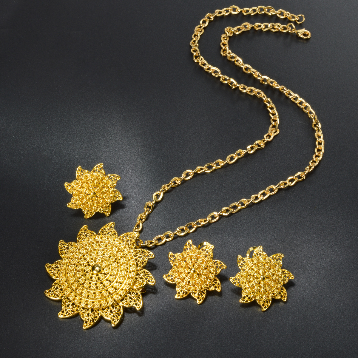 Ethiopian African Jewelry Set for Women Arabic Dubai Chain Necklace Flower Pendant Earrings Ring Gold Color Brooch Wedding Gift f4fe1