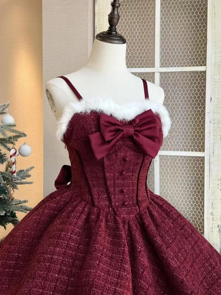 Christmas and Year 3-piece Sweet Lolita Style Dress Set for Womens Elegant and Unique Bow Plush Shawl Short Jacket Mini Skirt Set 241112