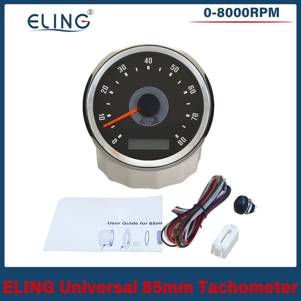 Waterproof 85mm Tachometer 0-8000RPM with LED Hourmeter Adjustable Red Yellow Backlight for Boat Car Motorcycle 12V 24V
