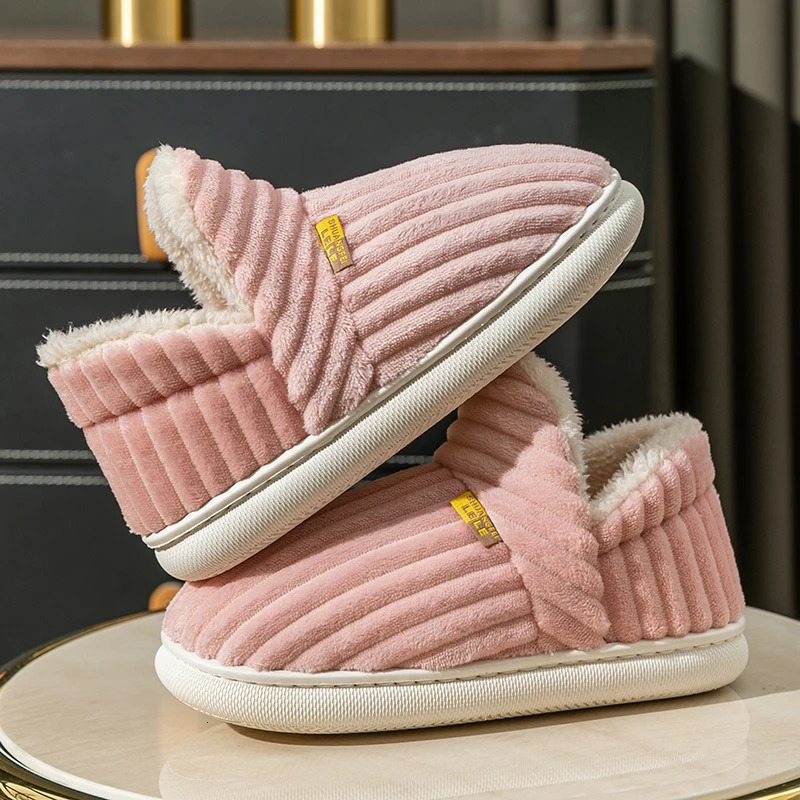 Winter Couple Style Simple Stripes Wrap Heels Plush Slippers Ladies Non-slip Soft Warm Flip Flops Men Home Casual Cotton Shoes 241112