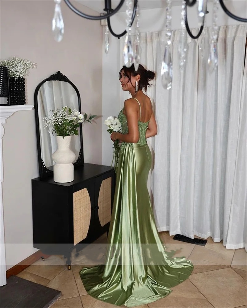 Mexican Olive Dresses Green Evening Straps Beading Crystal Lace Appliques Slit Bridesmaid Reception Party Prom Gowns Vestidos