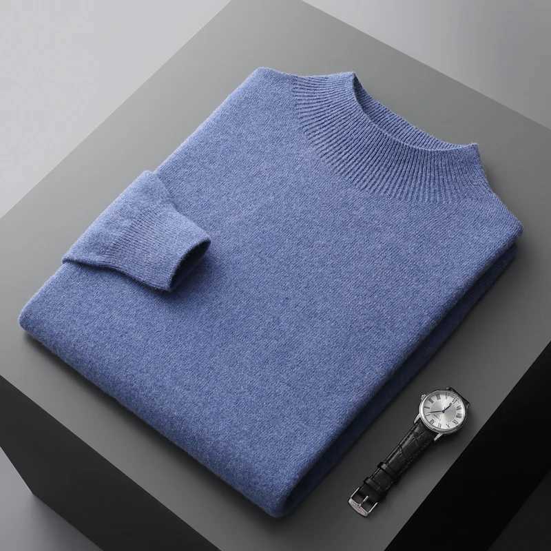 100% Merino wool mens sweater turtle neck knitted long sleeved mens zipper basic solid color casual mens top W2411111