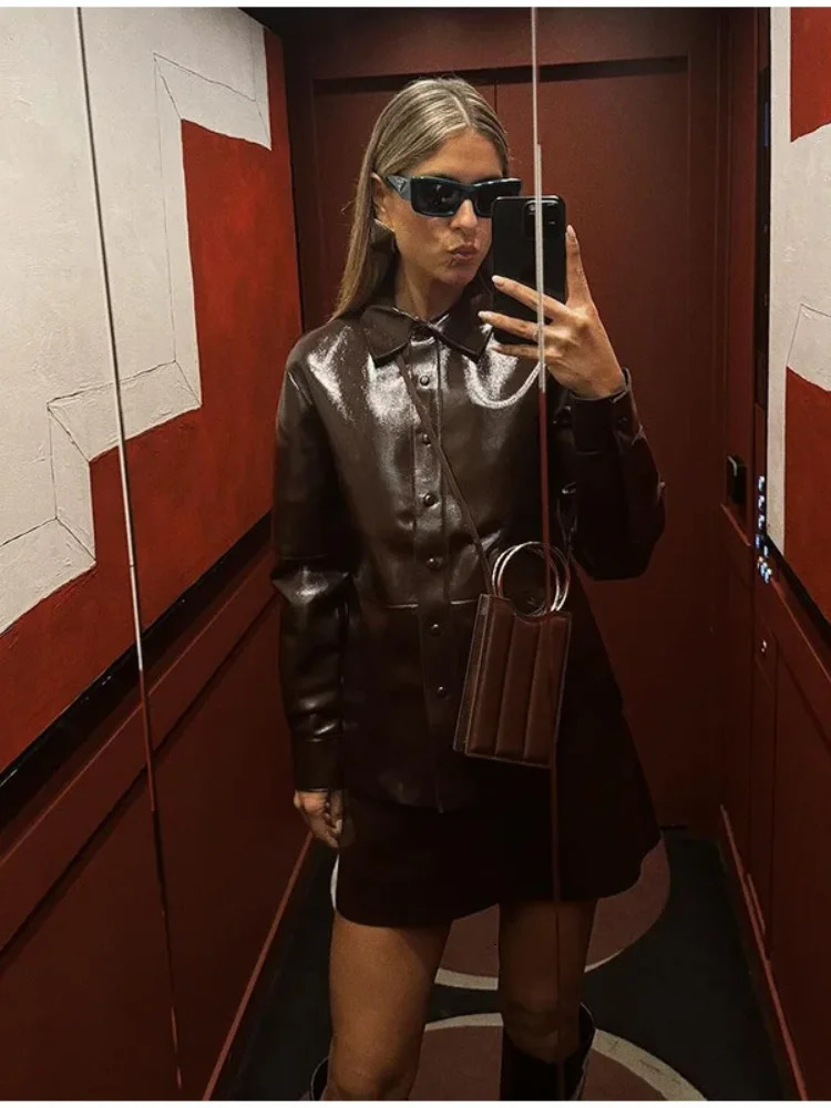 PU leather jacket short sleeved set womens single chest jacket set with high waisted mini leather jacket womens high street set 241112