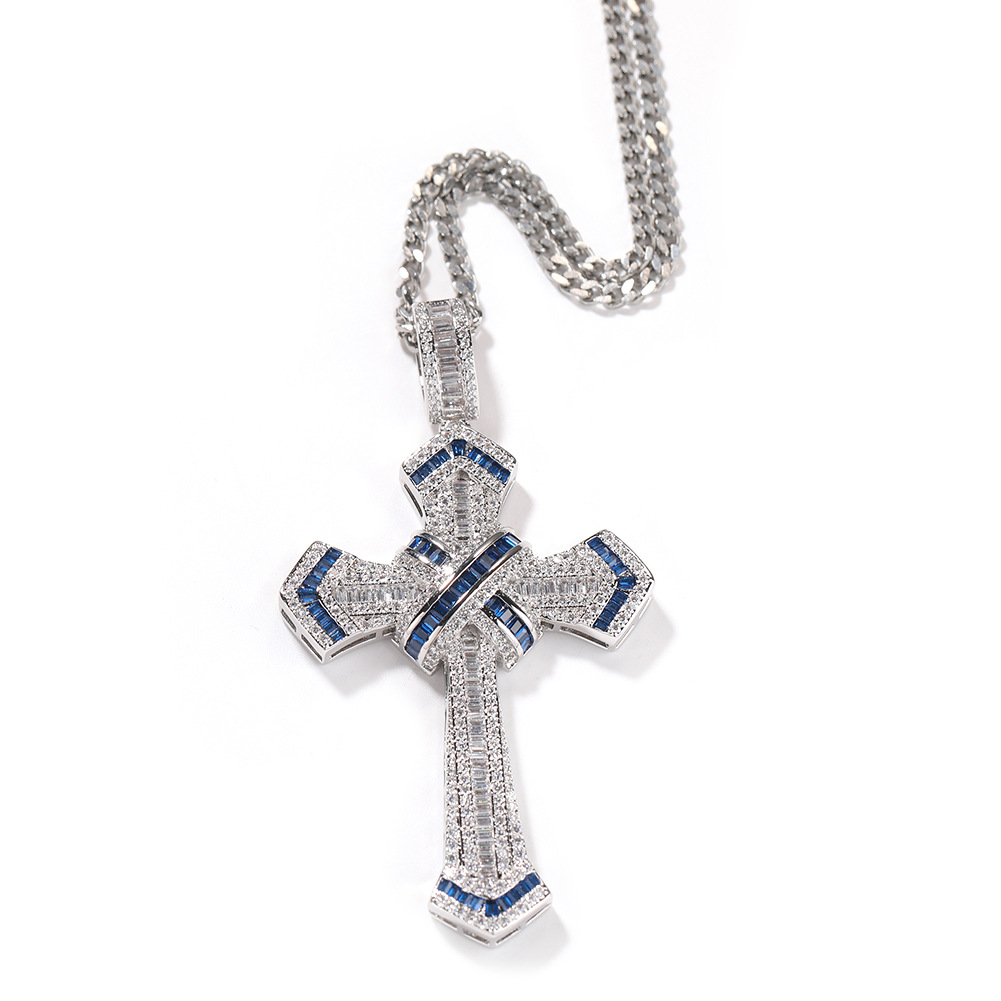 Hip Hop Cross Pendants Necklace Platinum Plated Men Women Lover Gift Religious Jewelry with Leather Rope Chain