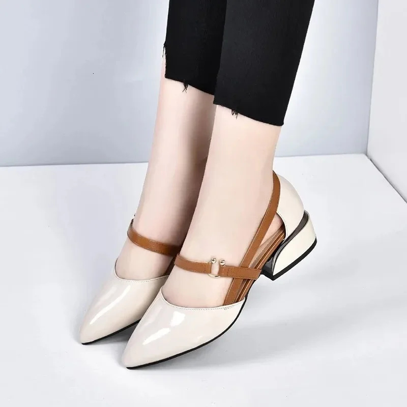 Spring and summer season single shoe thick heel soft sole solid color Pointed breathable middle-aged and elderly fashion 241111