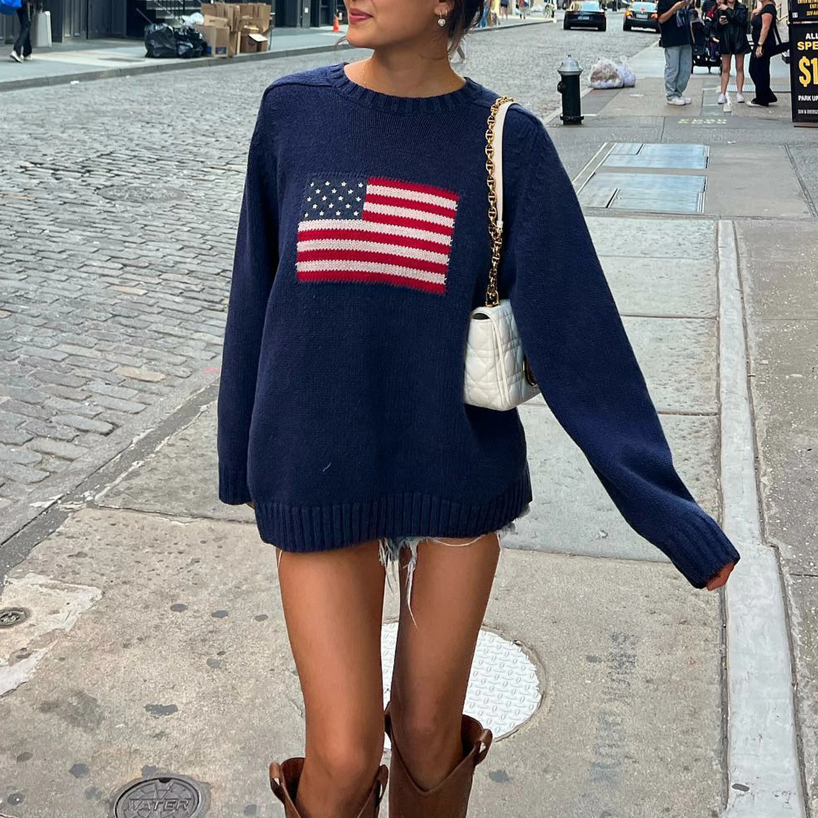 Y2K Long Sleeve Vintage Loose American Flag Sweaters Casual Round Neck Loose Fit Knit Harajuku Pullover Top Knitwear Streetwear 241111
