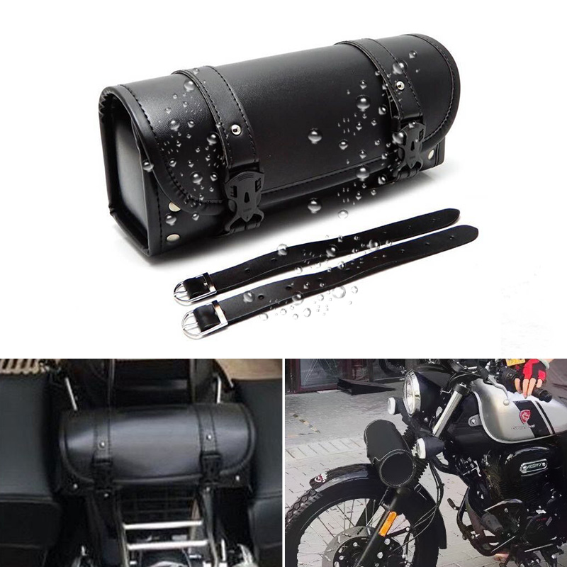 Universal Motorcycle Bag Waterproof Leather Front Fork Handlebar Toolkit Vintage Tool Roll Storage Barrel Cruiser Saddlebag