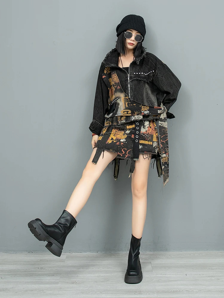 autumn trend printed dress set retro denim long sleeved cardigan jacketshort sleeved two-piece set womens ZF229 241112