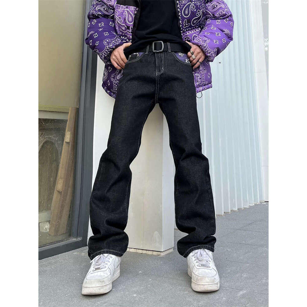 Y2k Retro Sanskrit Black Jeans Street Casual Punk Male Hip-Hop Print Loose Haruku Men's Straight Pants Ins Hot Sale