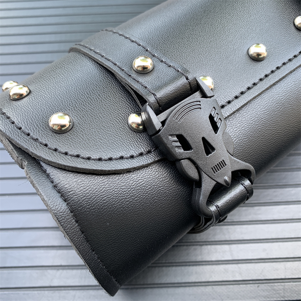 Universal Black Skull Motorcycle Handlebar Durable Waterproof PU Leather Saddlebags Storage Pocket Tools Holder Bag