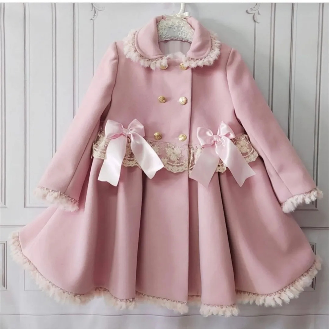1-12Y Baby Girl Autumn Winter Handmand Customized England Spanish Pink Princess Wool Lace Coat for Casual 241028
