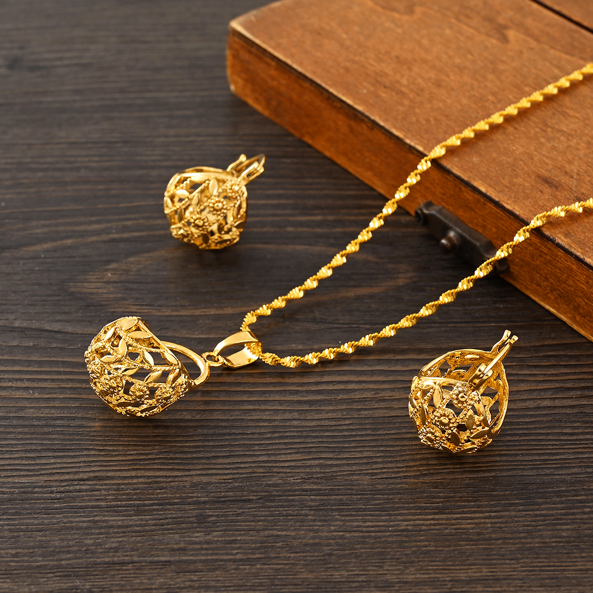 Gold Color Hollow-out Flower Cute Jewelry Women Charms Girls Pendant Necklace Earrings Set Wedding Bridal Party Gifts
