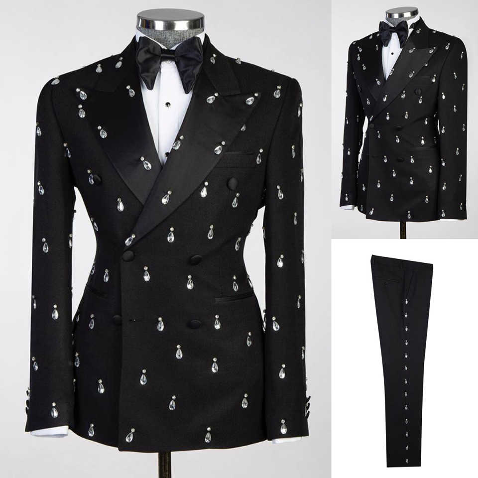 Slim Fit Rhinestone Men Two Pieces Sets Pants Coat Peaked Lapel Wedding Tuxedos Double Breasted Business Formal Groom Wear Custom Made
