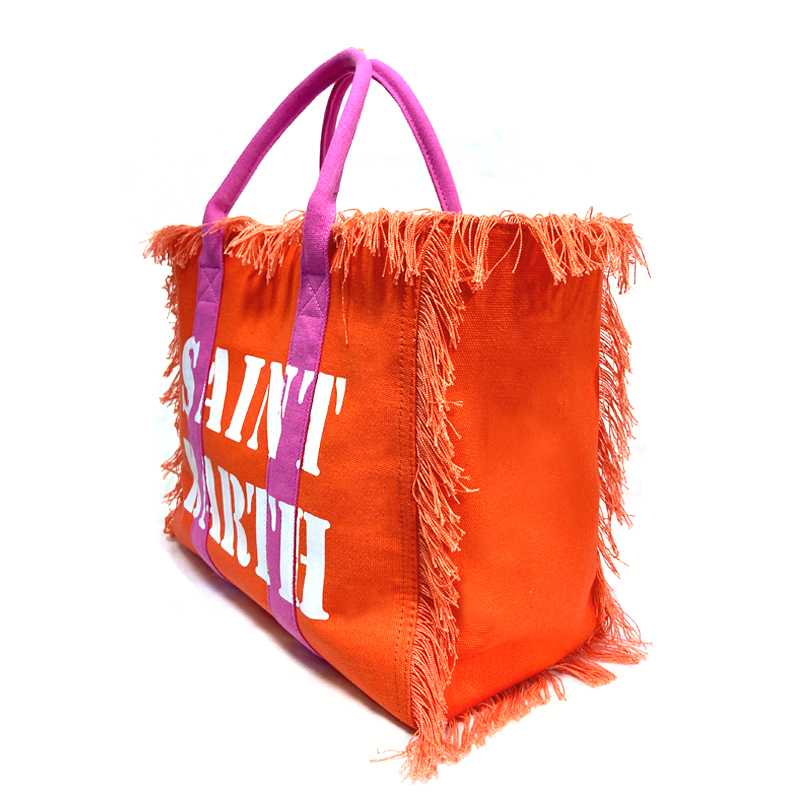 Saint Barth Brand Women Casual Tote Bag Tassel Luxury Canvas Beach Shoulder Bag Large Handbag Orange Solid with Rose Red Handles
