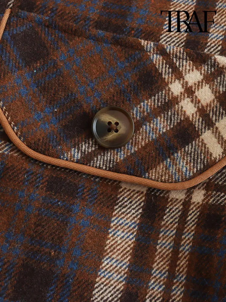 TRAF-Cropped Plaid Jacket for Women Long Sleeve Coat Button-up Female Outerwear Chic Tops Fashion 241112