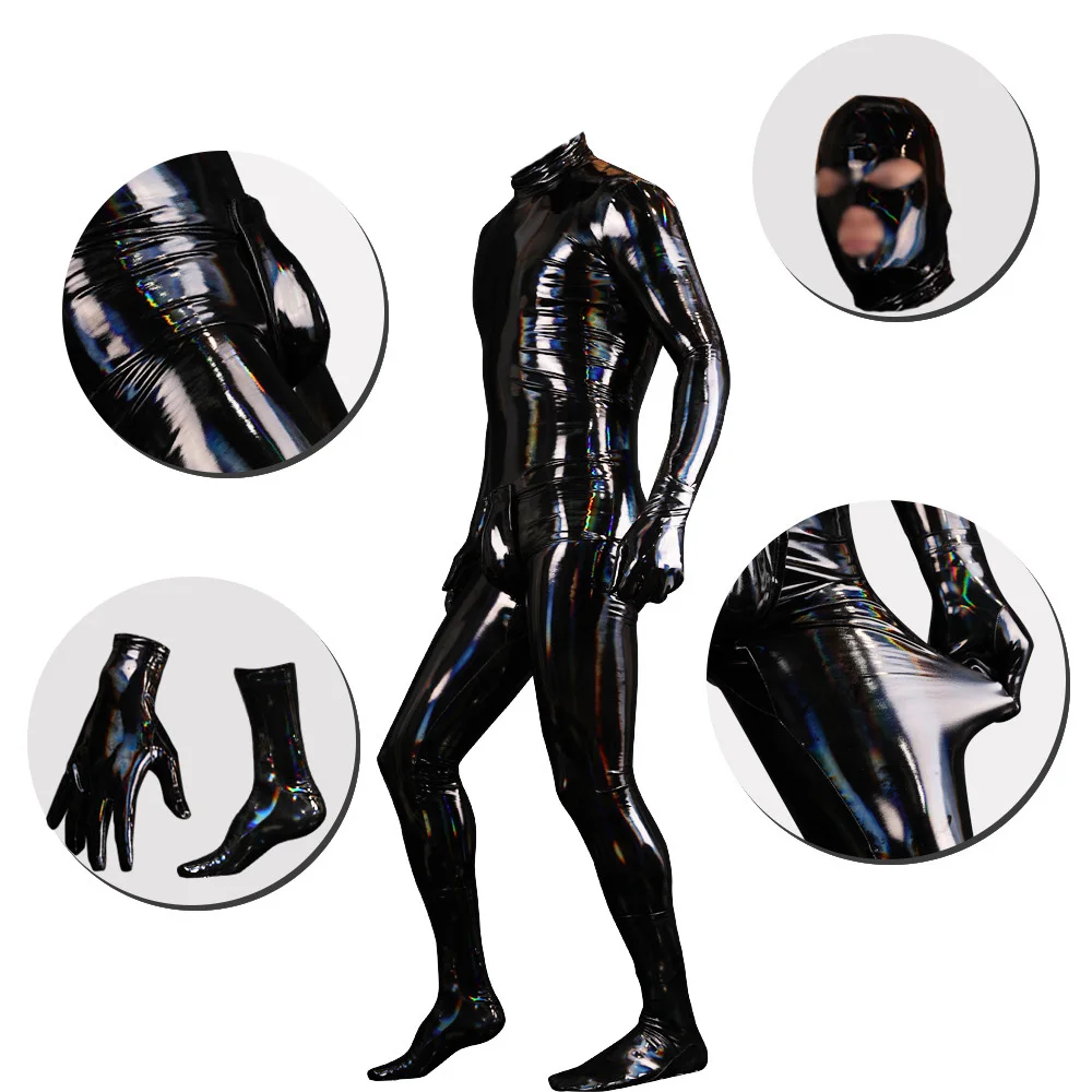 Sexy Men Colorful Faux Latex PU Bodysuit Cosplay Wetlook Maid Tights Zentai Full Body Cover Bodysuit Night Club Outfits Leotard