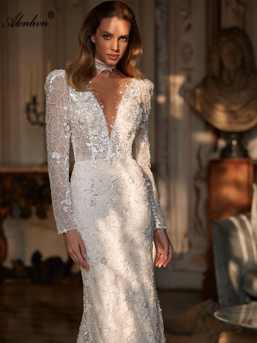 Sparkly Lace Sheer v-Neck 2 In 1 Mermaid Wedding Dress Stunning Beading Sequined Lace With Removable Silky Tulle Train Full Sleeves Backless Trumpet B