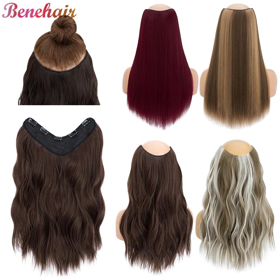 Benehair Clip in Hair Extensions with 5 Clips V-Shaped One Piece Hair Extensions 160g 18inch Long Synthetic Hairpieces for Women 66ff5