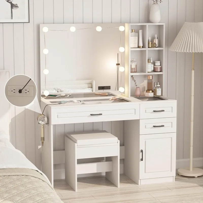 White Vanity Desk with Mirror and Lights,Glass Top Vanity Table with 3 Drawers and Cabinets,Large HD Mirror Makeup Desk,45 in(L)