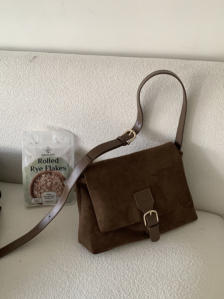 Vintage Faux Suede Crossbody Bag for Women Simple Large Capacity Brown Shoulder Bags Retro Design Female Tote Purse Handbags