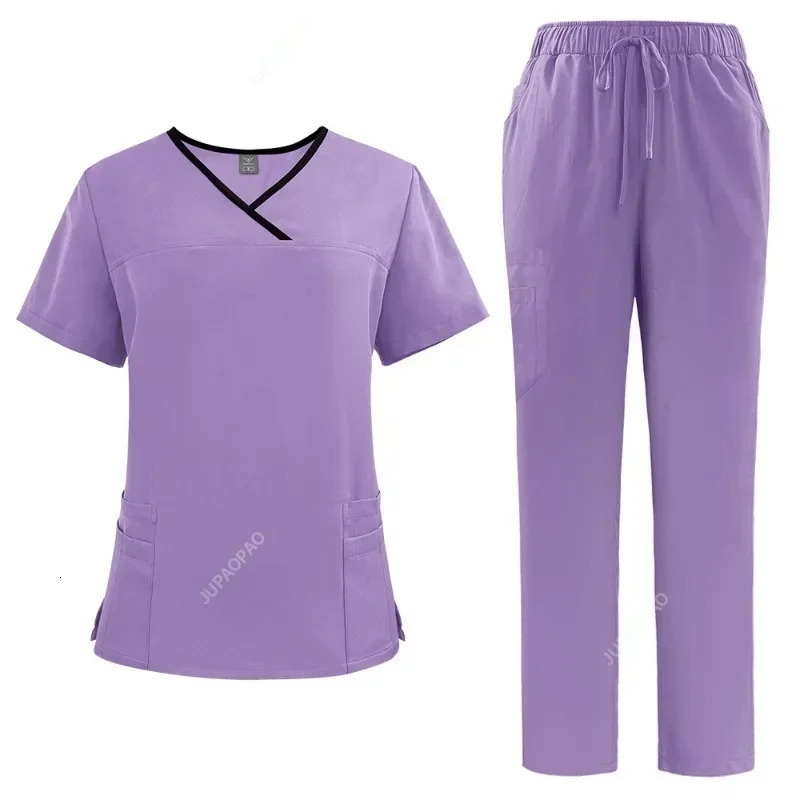 Uniform Trendy Womens Scrub Set Stretch Soft Y-Neck Top Pants Hospital Pet Clinic Doctor Costume Contrasting Colors 241112