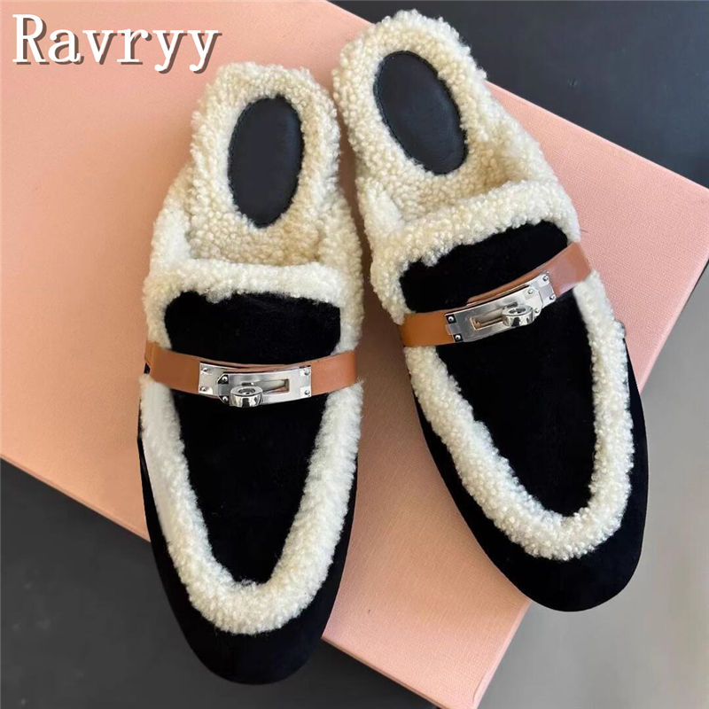 Metal Buckle Wrapped Toe Half Slippers Brand New Flat Platform Round Toe Suede Leather Fur Mules Ladies Winter Warm Shoes