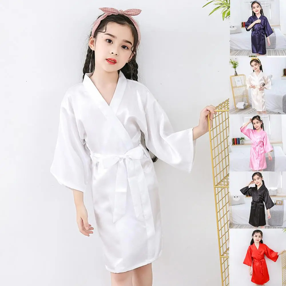 Solid Color Kids Bathrobe Girls Silk Satin Kimono Robes Kids Children Bathrobe Sleepwear Nightgown with Belt sleepwear menina 241112