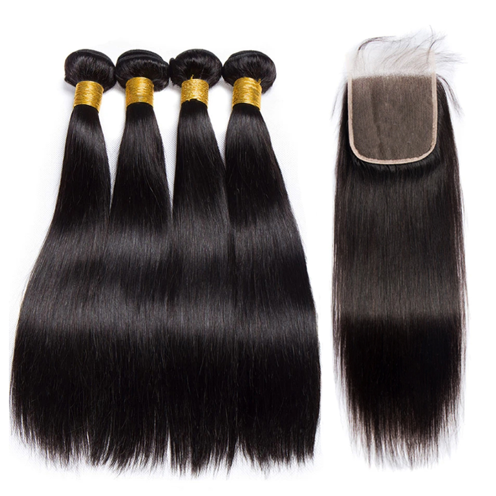 5x5 Lace Closure With Bundles Brazilian Straight Human Hair Weave Bundle With 4x4 Lace Closure Free Part Natural hair Extensions b1f1e