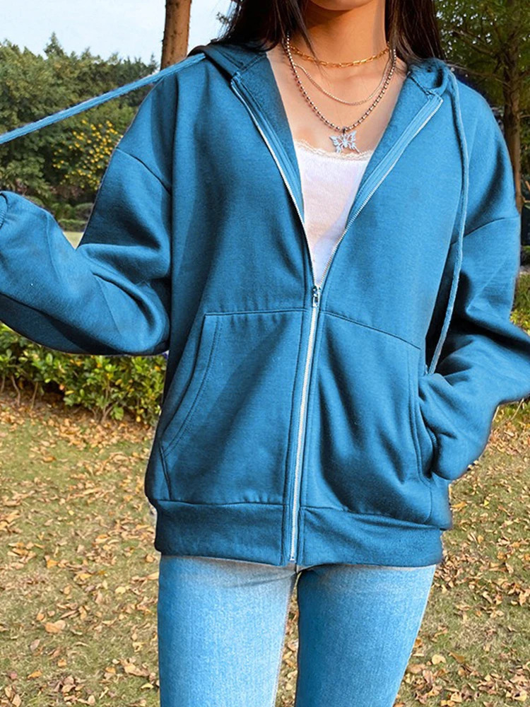 Zipper Hooded Drawstring Long Sleeve Womens Hoodies Solid Color Stylish Comfy Sweatshirt Autumn Black White Female Tops 241112