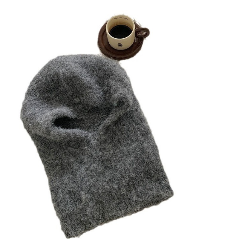 Simple Wool Blended Mohair Balaclava Hat Premium Gray Loose Plush Pullover Scarf Integrated Warm Beanie Hats for Women Bonnet