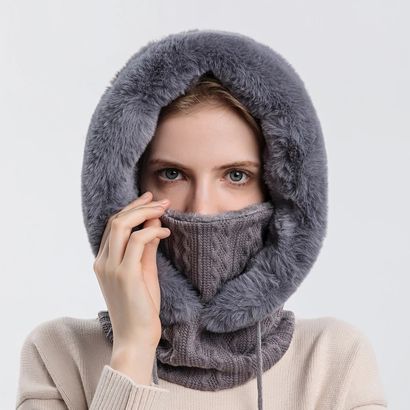 Women Slouchy Fleece Beanie Cashmere Fur Cap Hats Scarf Mask Drawstring Warm Hooded Winter Balaclava Pullover Knitted Hat