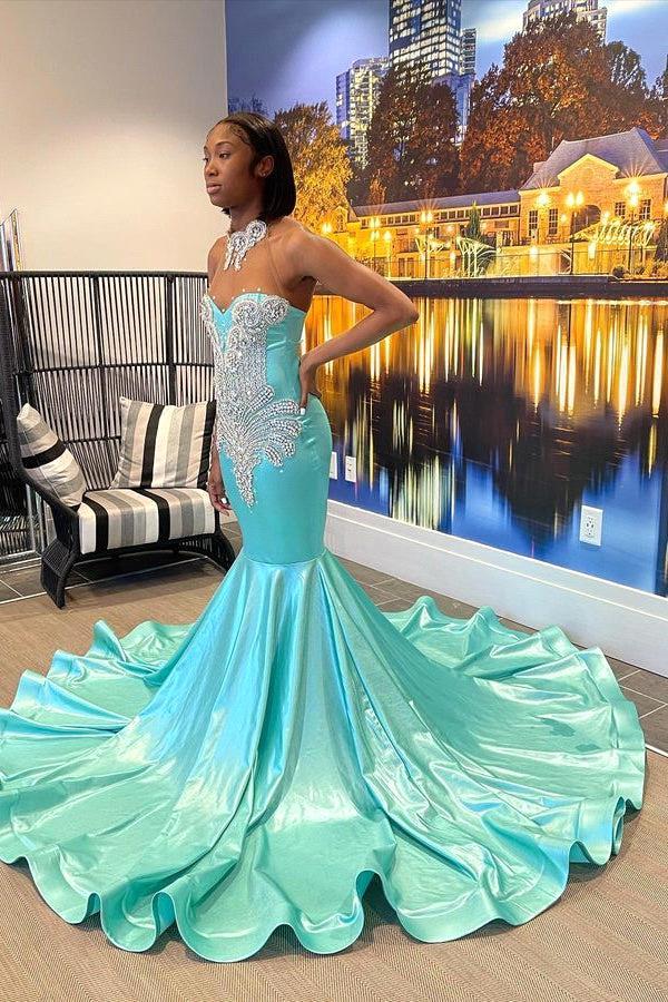 Aqua Green Mermaid Dresses Crystals Beadings Sweetheart High Neck Seqiins For Black Girls Prom Evening Gowns Graduation Vestidos De Bal Bc18581