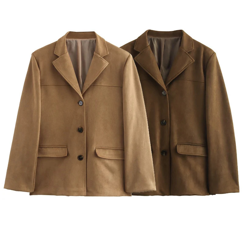 HXAO Suede Jacket Womens Blazers Office Wear Women Long Sleeve Single Breasted Outerwears Old Money Style High Quality 241112
