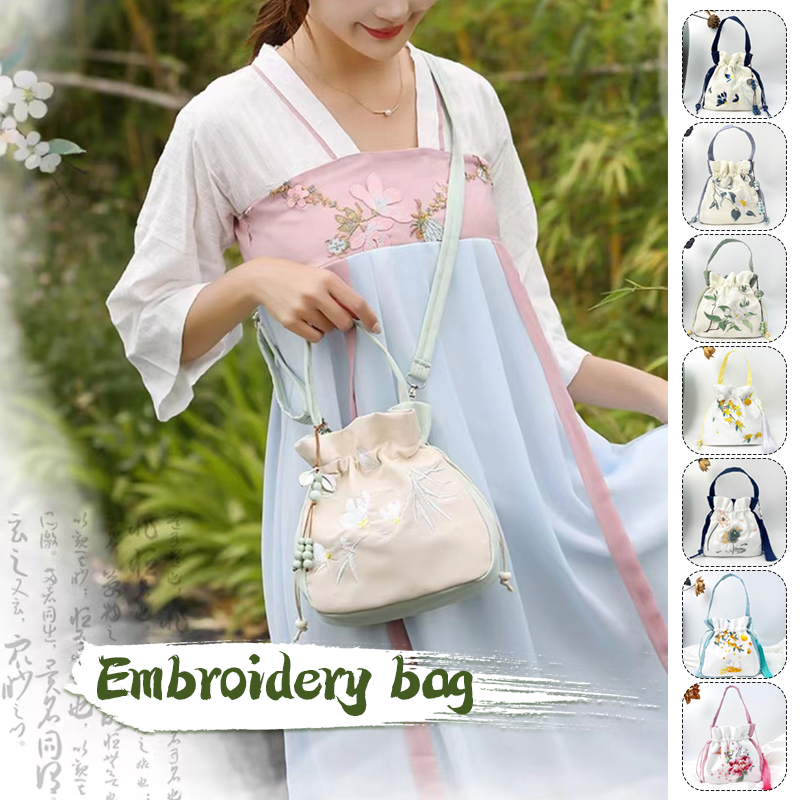 Chinese Style Small Bag Literary Vintage Flower Embroidery Hanfu Handbag Ancient Messenger Shoulder Bag Drawstring Purse b7d3c