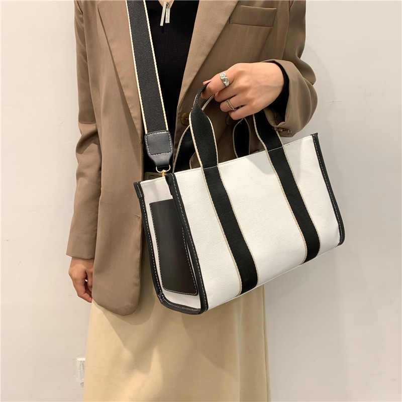 Simple Striped Canvas Ol Shoulder Bag Large Capacity Hit Color Tote Designer Ladies Casual Shopper Handbag Female Crossbody Bag