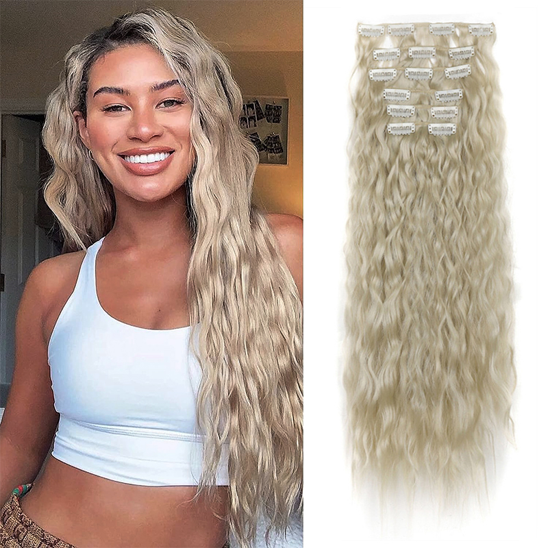 24" Synthetic Curly Clip-In Hair Extensions For Women weave 6PCS Full Head Organic Fake Hair Ombre Brown Blonde Thick Hairpieces 87225