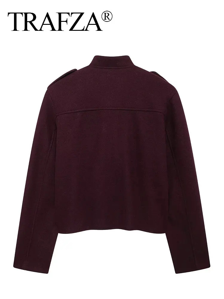 TRAFZA Womens Retro Wine Red Coat O-neck Long Sleeve Single Chest Jacket with Pocket Autumn Casual Office Womens Coat 241111