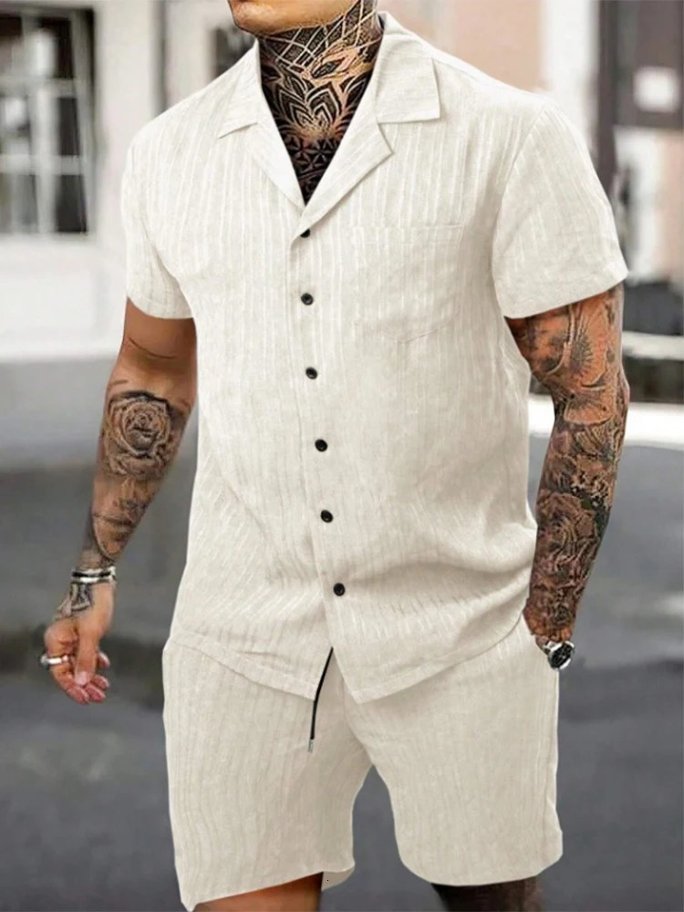 Casual Solid Color Short Sleeve Buttonup Shirts Mens Shorts Two Piece Suits Summer Beach Leisure Loose Outfits Men Fashion Sets 240409