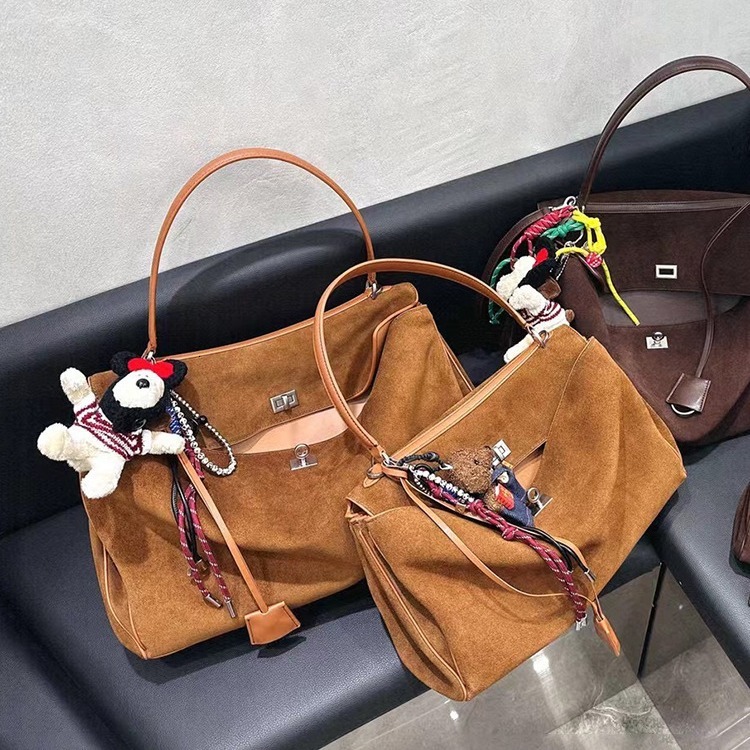 New Cowhide Capacity Full Suede Tote Used Underarm Hand-Held Single Shoulder Crossbody Large Women's Bag Cartoon