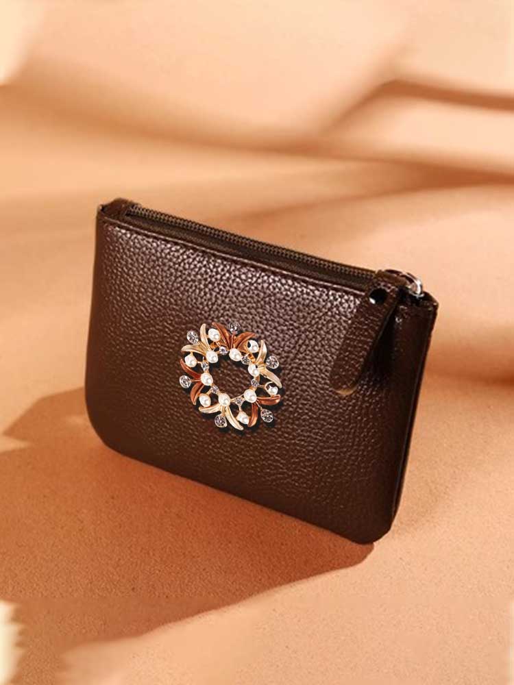 Key Wallets PU Leather Female Scratch-Resistant Decor Pearls Crystals Light Gold & White 3d2ba