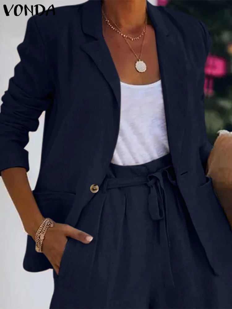 VONDA Womens Jacket Womens Autumn Collection Solid Color Long Sleeve Collar Single Chest Coat Elegant Office Set 241111