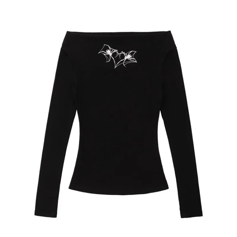 Womens sexy off shoulder printed Japanese style Kawaii Sweet Basic T-shirt Y2K Streetwear Aesthetic long sleeved ultra-thin club fairy top 241112