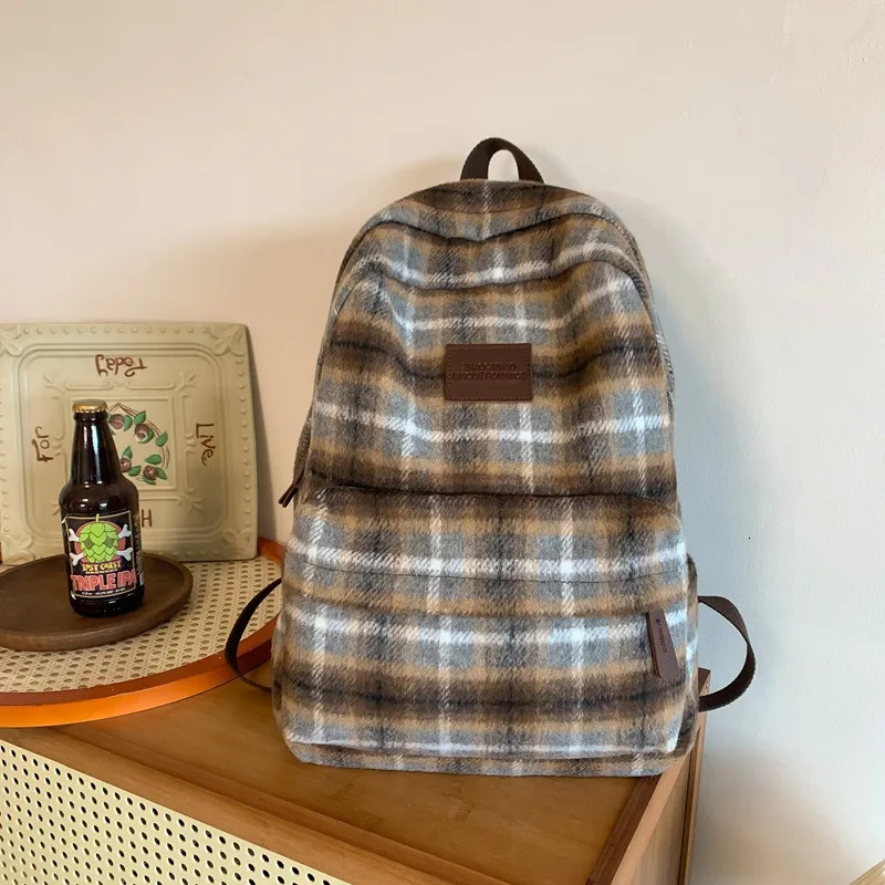 Lattice Vintage Couple Canvas Bag South Korean Harajuku Large Capacity School Backpack Unisex Plaid Ins 241111