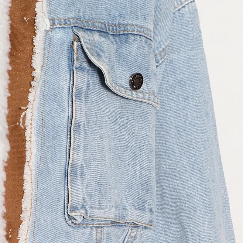 Blue denim cashmere splicing personalized single chest short jacket European and American trend 241112