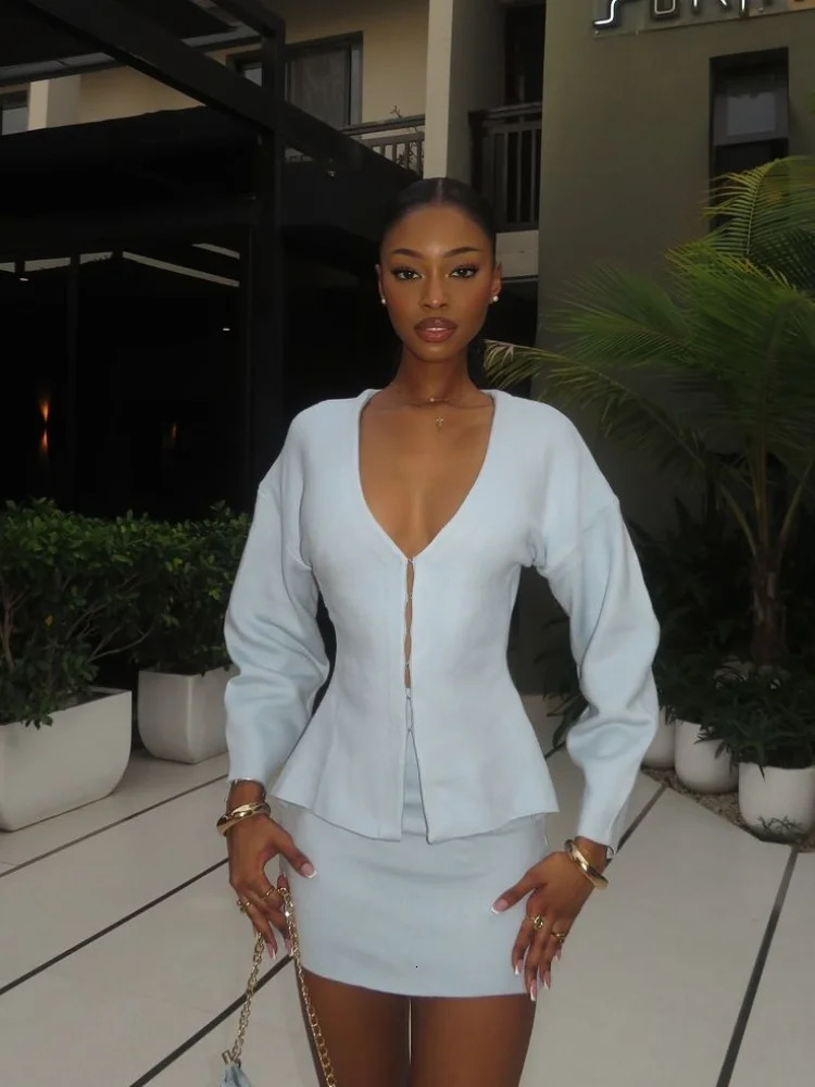 Womens Fashion Deep V Metal Ring Buckle Open Skirt Set Elegant High Waist A-line Short Leather Set Womens Winter Knitted 2-piece Set 241112