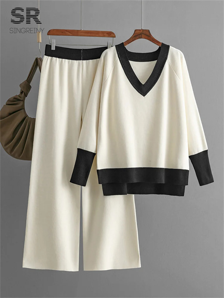 SINGREINY Casual Multicolor Loose Sets V Neck SweaterSolid Wide Legs Long Pants Autumn Winter Women Knitwear Thick 2pc Suits 241112