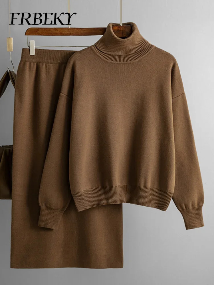 Dress set solid color turtle neck sweater half body bag hip set womens 2-piece casual knitted set 241112