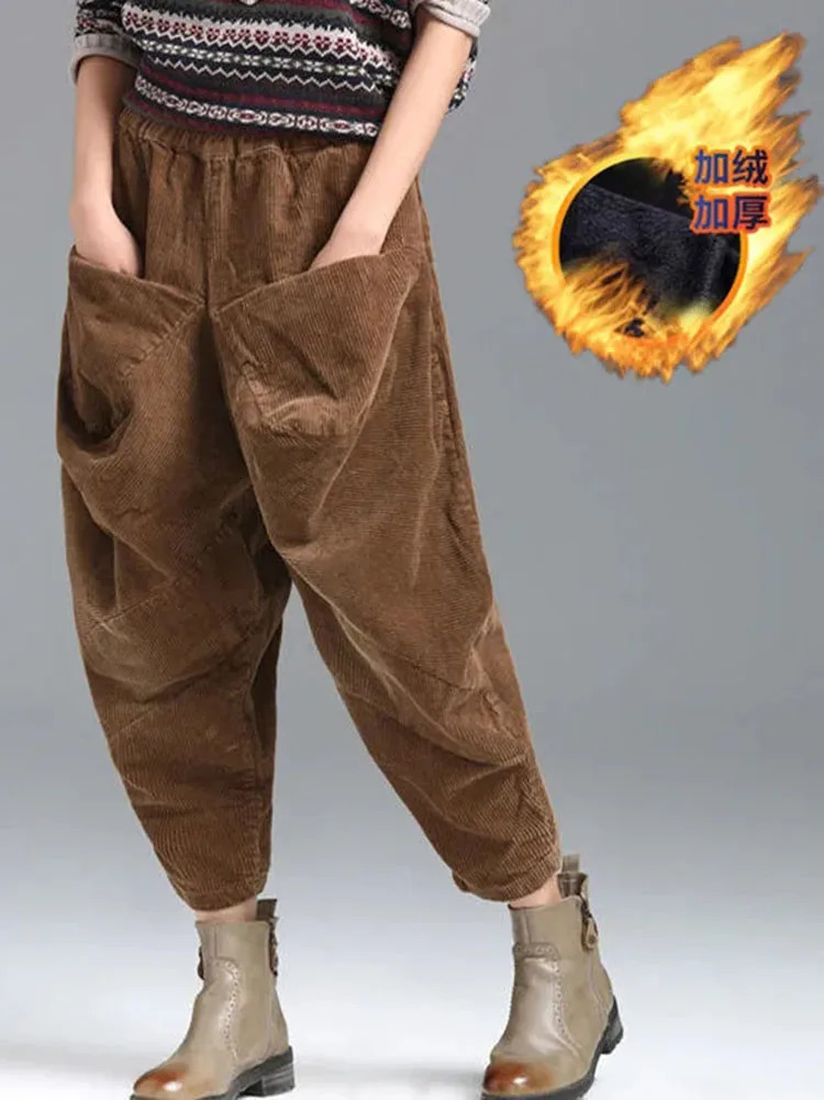 Baggy Winter Harem Pants Womens Warm Plus Velvet Floral Pants Casual High Waist Thick Ankle Length Jogger Retro 241112