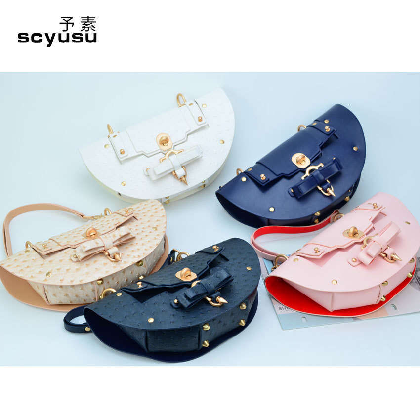 Designer Bag 2024 New Women's Bag Ostrich Pattern Half Round Handbags Bow Tie Rivet Lock Buckle Female Shoulder Pocket Small Crossbody Purses
