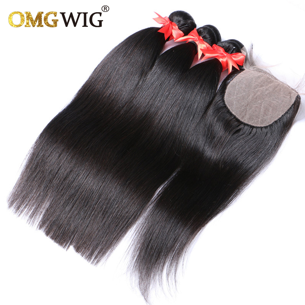 Natural Black Color Hair Bundles With 4x4 Base Closures Straight Brazilian Human Hair Free Part Bleached Knots Transparent Lace e2bf9